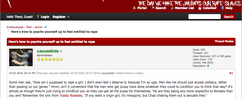 A post on Incelocalypse explains how to "psyche yourself up to feel entitled to rape."