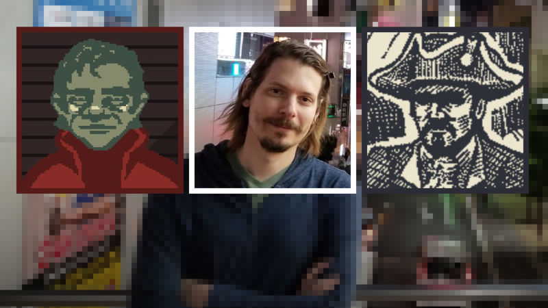 L-R: One of the hundreds of characters in the 2013 video game <em>Papers, Please</em>; game developer Lucas Pope, standing in his hometown of Saitama, Japan; the captain of a cursed pirate ship fom Pope’s 2018 game <em>Return of the Obra Dinn</em>.”><figcaption class=