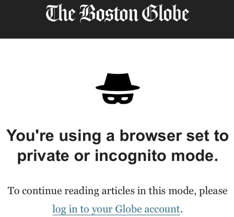A notice on the Boston Globe website that says, 