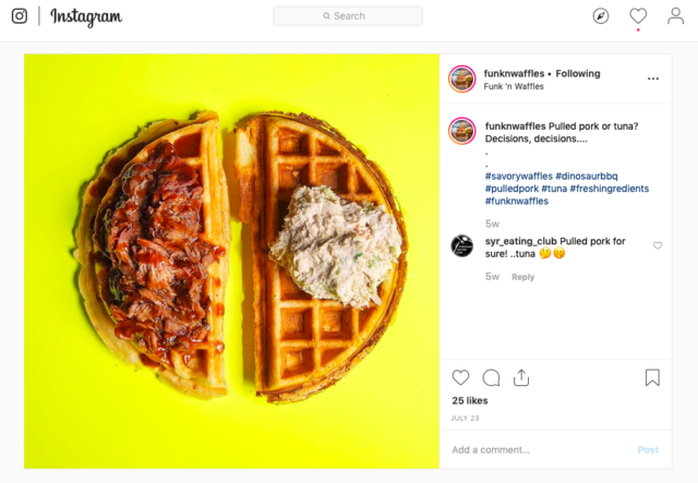 Waffle inspiration can come from anywhere—in this case, Syracuse, New York. Beloved cafe Funk n' Waffles offers your choice of savory waffles, such as pulled pork- or tuna-topped.