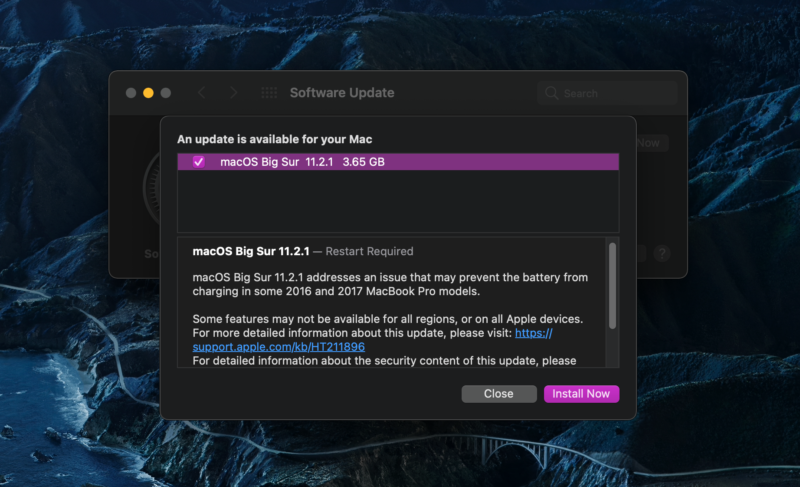 A screenshot of the software update panel in macOS Big Sur